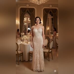 NWT Vintage Size 16 Nina Canacci Nude Floral Lace Sheath Gown
